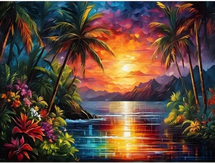 Mal efter tal Solnedgang over bugten 40 × 50 cm