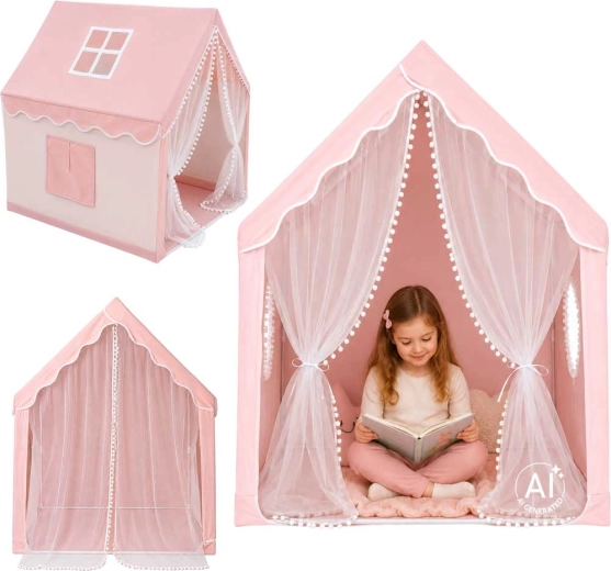 Børnetelt, foldbart, i husform til børneværelset – pink