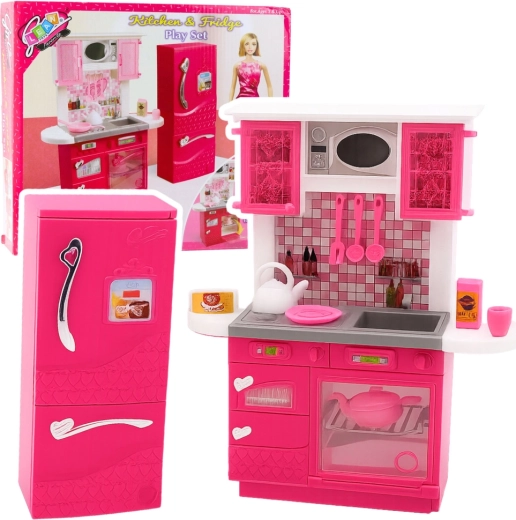 Rosa dukke-køkken med køleskab til 29 cm dukker