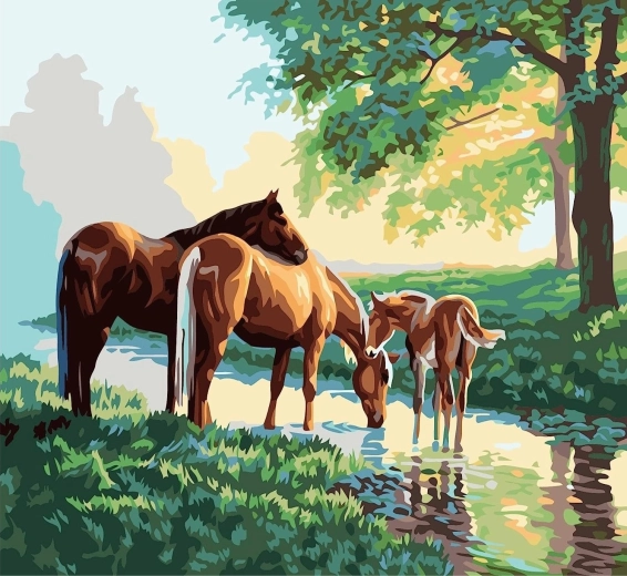 Mal efter tal Hestefamilie ved åen 40 × 50 cm