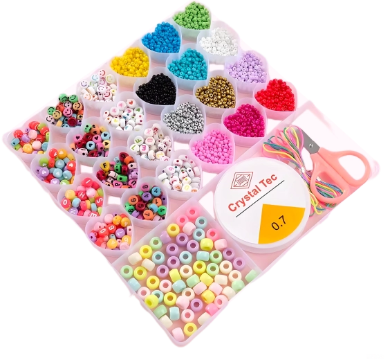 Sæt med perler i boks med hjerteformede rum – 26 dele