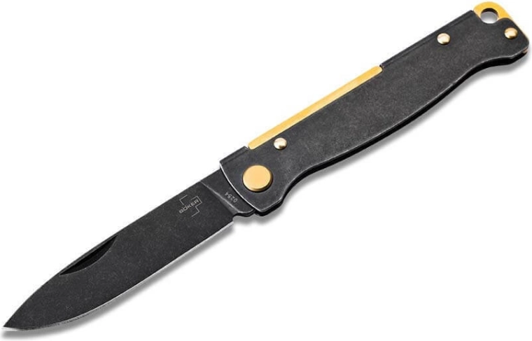 Lommekniv Böker Plus Atlas, 7,2 cm, sort Blackwash-overflade, messingelements