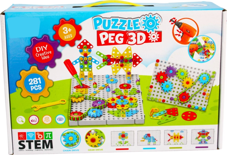 Kreativt 3D byggesæt med børneboremaskine Puzzle Peg (281 dele)
