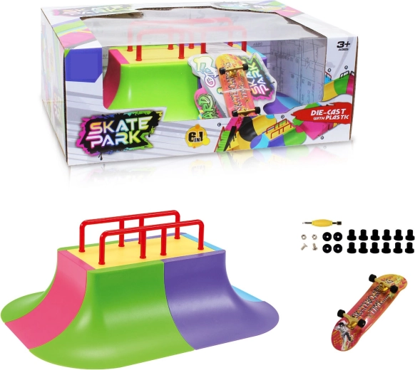 Modulært skatepark-sæt 6-i-1 med multi-rail og fingerboard