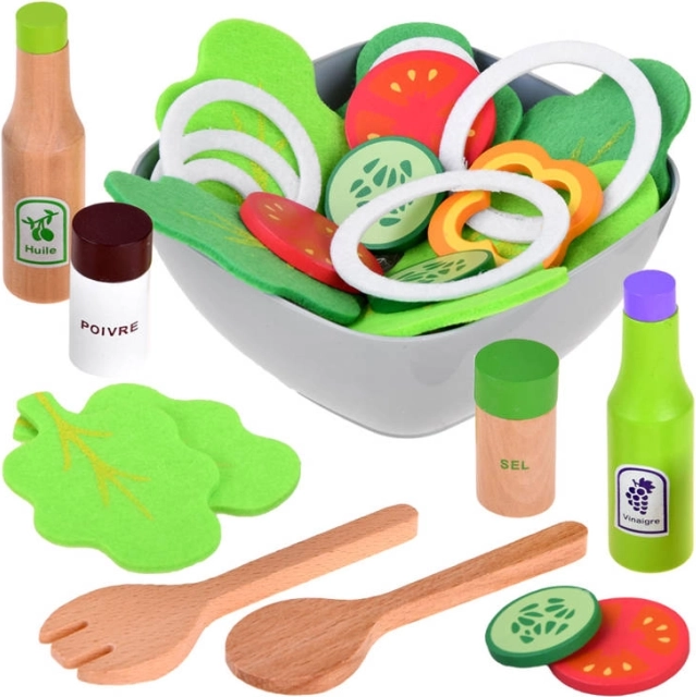 Sjov salatsæt af træ- og tekstilingredienser