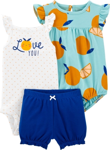 Carter’s 3-delt sæt til baby: body med stropper, body med korte ærmer og shorts blue orange (pige)