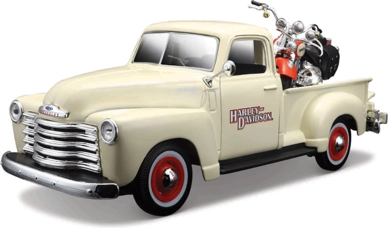 Maisto Harley-Davidson Custom – 1950 Chevrolet 3100 Pickup og 2001 FLSTS Heritage Springer 1:24