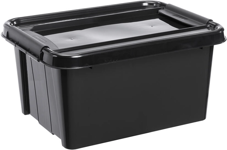 Opbevaringsboks med låg 32 l af genanvendt plast, sort