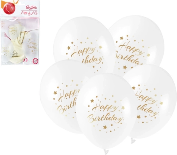 Latexballoner Happy Birthday med guldtryk 28 cm, 5 stk