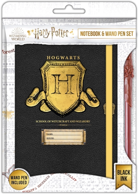 Harry Potter – notesbog med Hogwarts-våbenskjold A5 og pen formet som tryllestav