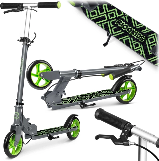 Sammenklappelig børneløbehjul RICO KIDS Kodi grå‑grøn med hånd- og fodbremse