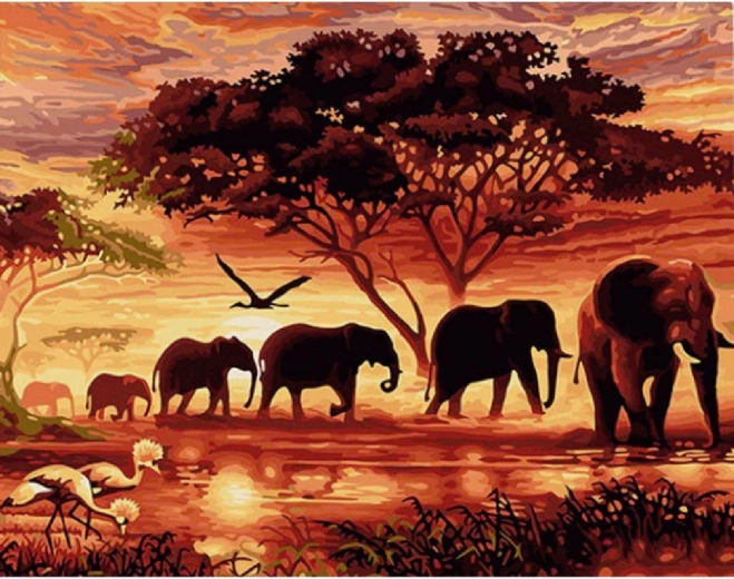 Norimpex mal efter tal Elefantflok ved solnedgang 40 × 50 cm