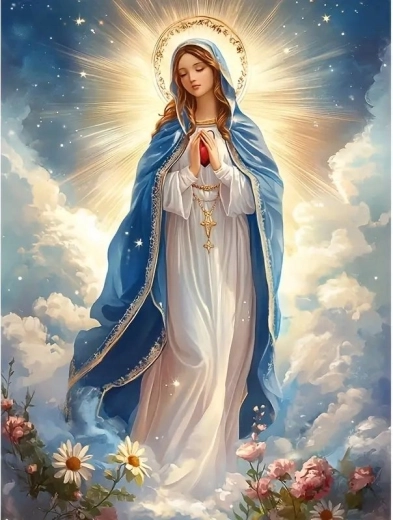 Diamantmaleri Jomfru Maria i skyerne 30 × 40 cm