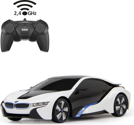 Fjernstyret BMW i8-bil i målestok 1:24, hvid