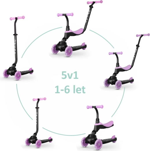 Qplay Sema Evo børnescooter og løbecykel med LED-lys Violet 3-i-1