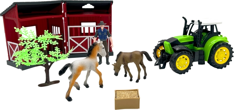 Gård med traktor og stald