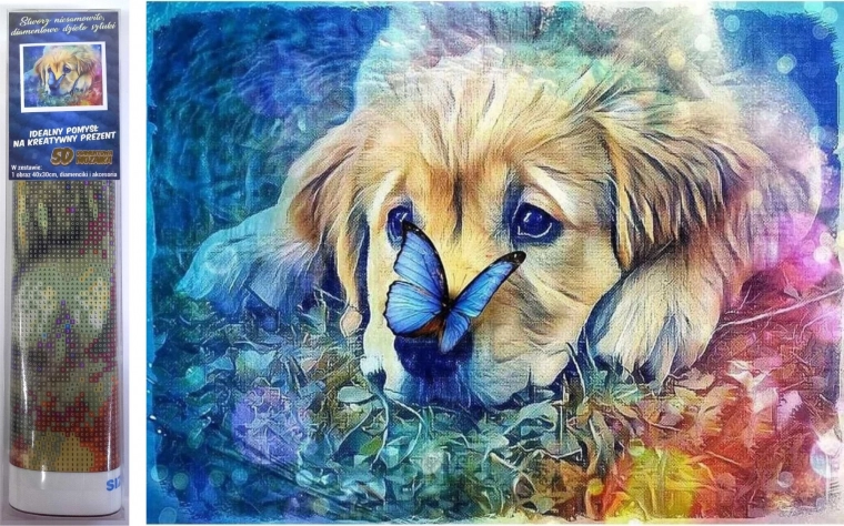 Diamantmaling – hund med sløjfe 30 × 40 cm