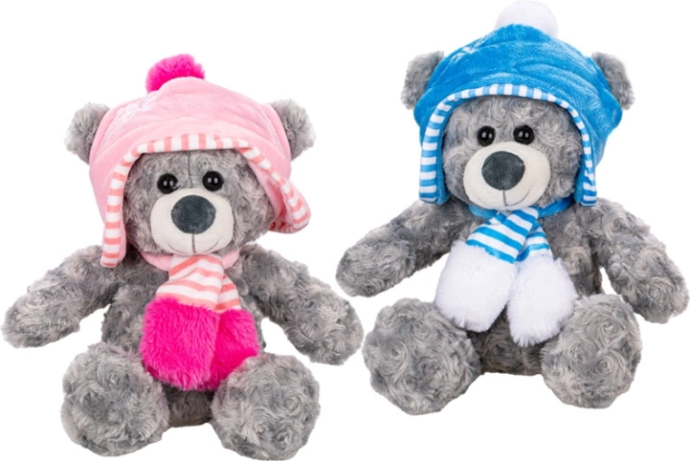 Plys siddende bamse med hue 26,5 cm