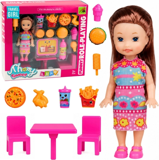 Mini-dukke med fastfood-sæt, bord og 2 stole (11 cm)