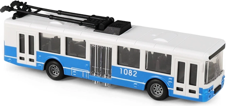 Blå trolleybus til offentlig transport med svinghjul, 16 cm