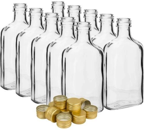 Glasflaske (placatka) 200 ml med låg, klar (pakke med 10 stk)