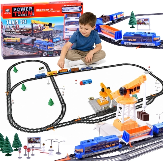 Elektrisk godstogbane Power Train World Cargo med station og kran, 670 cm, 59 dele
