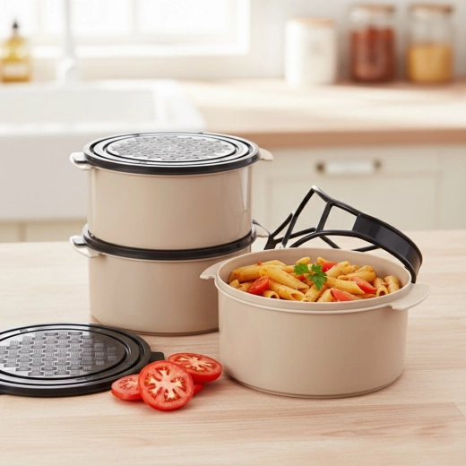 Tre separate beholdere til et komplet måltid