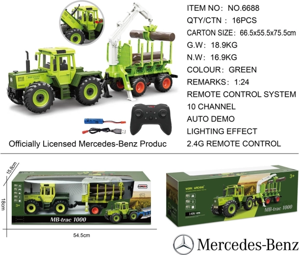 Grøn RC-traktor Mercedes-Benz med brændetraileren og kran, 1:24