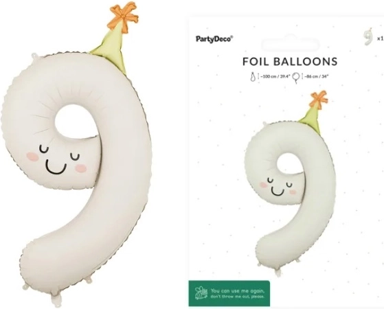 Folieballon tal 9 i cremefarve med ansigt