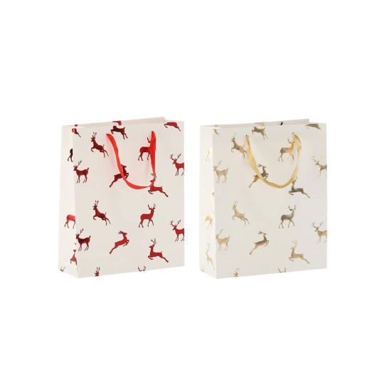 Julegavepose med rensdyr, cremefarvet, 18 × 24 × 8 cm