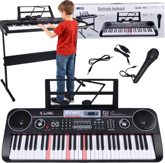 Elektronisk keyboard med 61 baggrundsbelyste tangenter med stativ og mikrofon