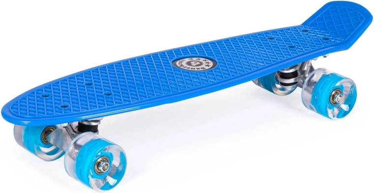 Blå fiszka (penny board) med lysende LED-hjul