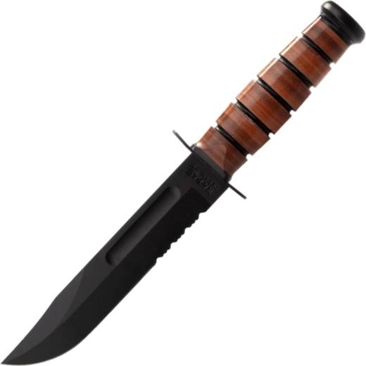 Taktisk KA-BAR USMC-kniv med delvist savtakket klinge, læderhåndtag og skede