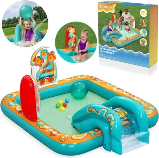 Bestway oppusteligt vandlegecenter Retro Groove med rutsjebane og sprinkler
