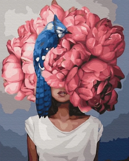 Diamantmaling – kvinde med blomsterhoved og blå fugl 30 × 40 cm
