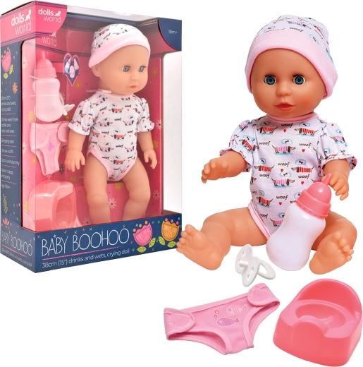 Dolls World babydukke Baby Boohoo 38 cm med funktioner og tilbehør