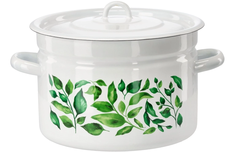 Emaljeret gryde 9 l, 26 cm, hvid med ficus-dekor, med låg