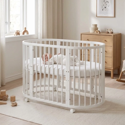 Voksende oval babyseng 3-i-1 med madras New Baby, hvid