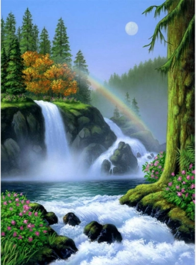 Diamantmozaik (diamond painting) vandfald med regnbue 30 × 40 cm - 1 stk.