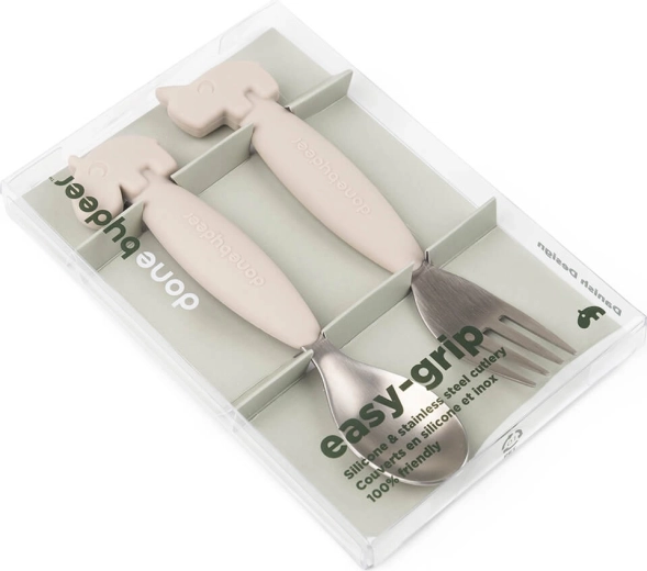 Done by Deer sæt med børneskeer og -gafler Easy-grip Deer friends sandfarvet