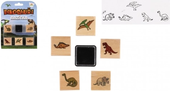 Træstempler dinosaurer 5+1 med stempelpude, 3 × 3 cm