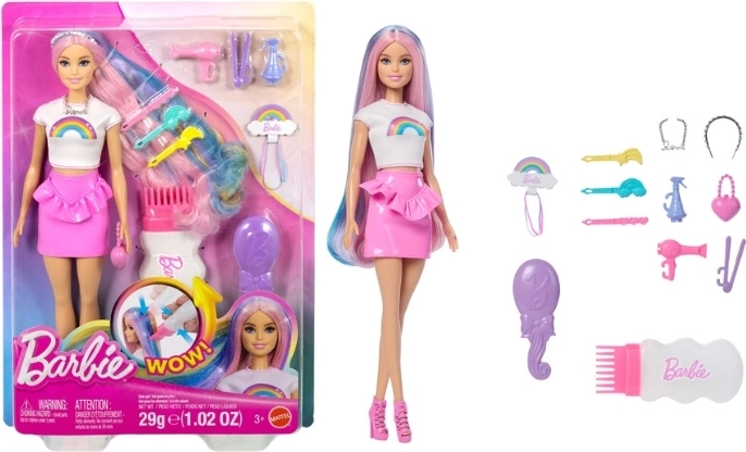 Barbie-dukke med regnbuehår og glitrende styling