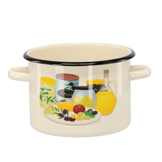 Emaljeret gryde 3 l, diameter 18 cm, cremefarvet med olivenmotiv