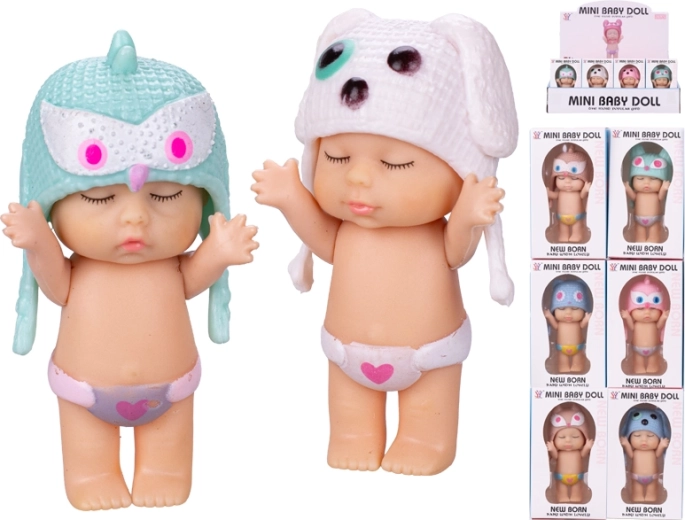 Babydukke 8 cm med dyrehuemotiv, 12 varianter