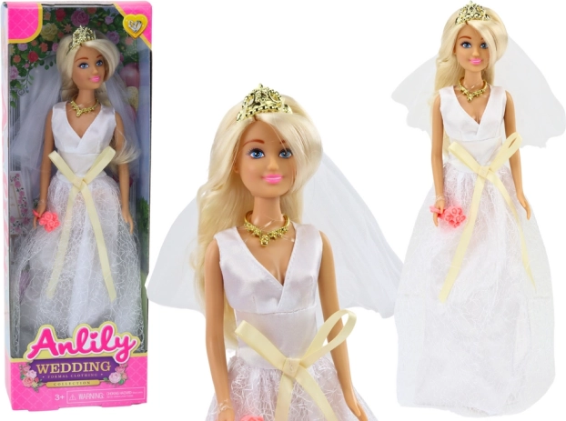 Dukke Anlily i bryllupskjole med blomsterbuket og krone