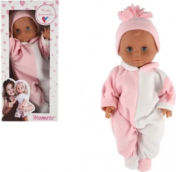 Dukkebaby HAMIRO 40 cm med fast krop i hvid-rosa heldragt og rosa hue