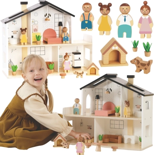 Tooky Toy trædukkehus med tilbehør og familie (20 dele)