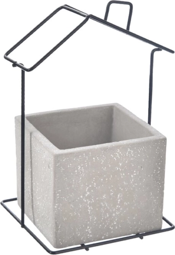 Blomsterpotte af beton og metal i husform, grå