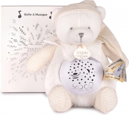 Doudou et Compagnie musikalsk natlampe med stjerneprojektion, bamse i hvid – gavesæt