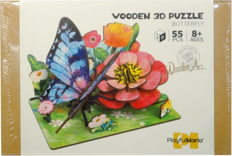 Træ 3D-puslespil DIY – eng med sommerfugl og blomster